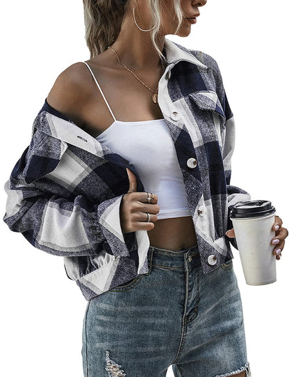 Women's Flannel Plaid Button Down Cropped Jacket