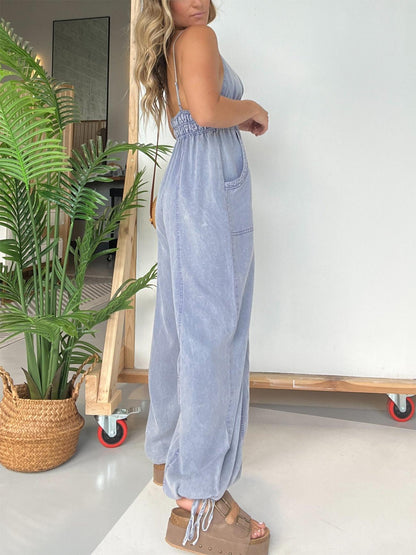 Women's Deep V Neck Adjustable Strap Denim Wide Leg Jumpsuit