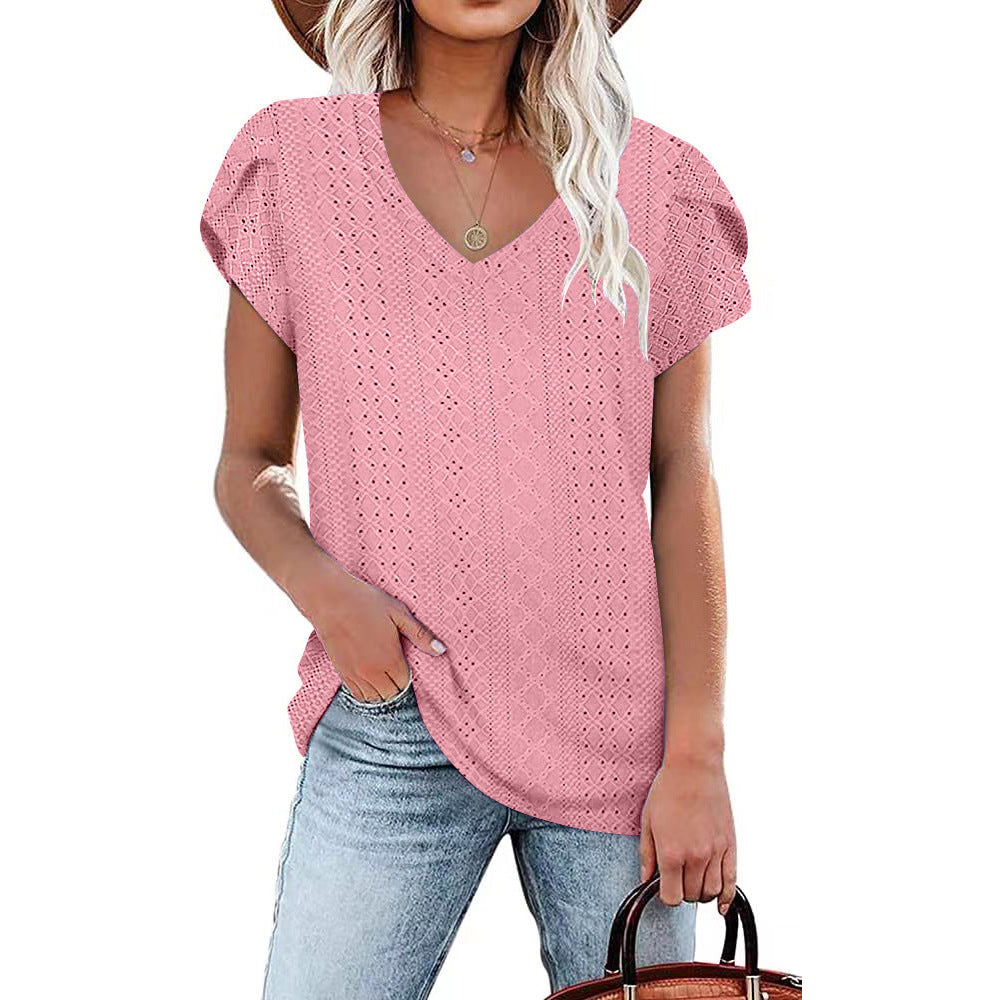 Solid color V-neck tile sleeve short-sleeved T-shirt