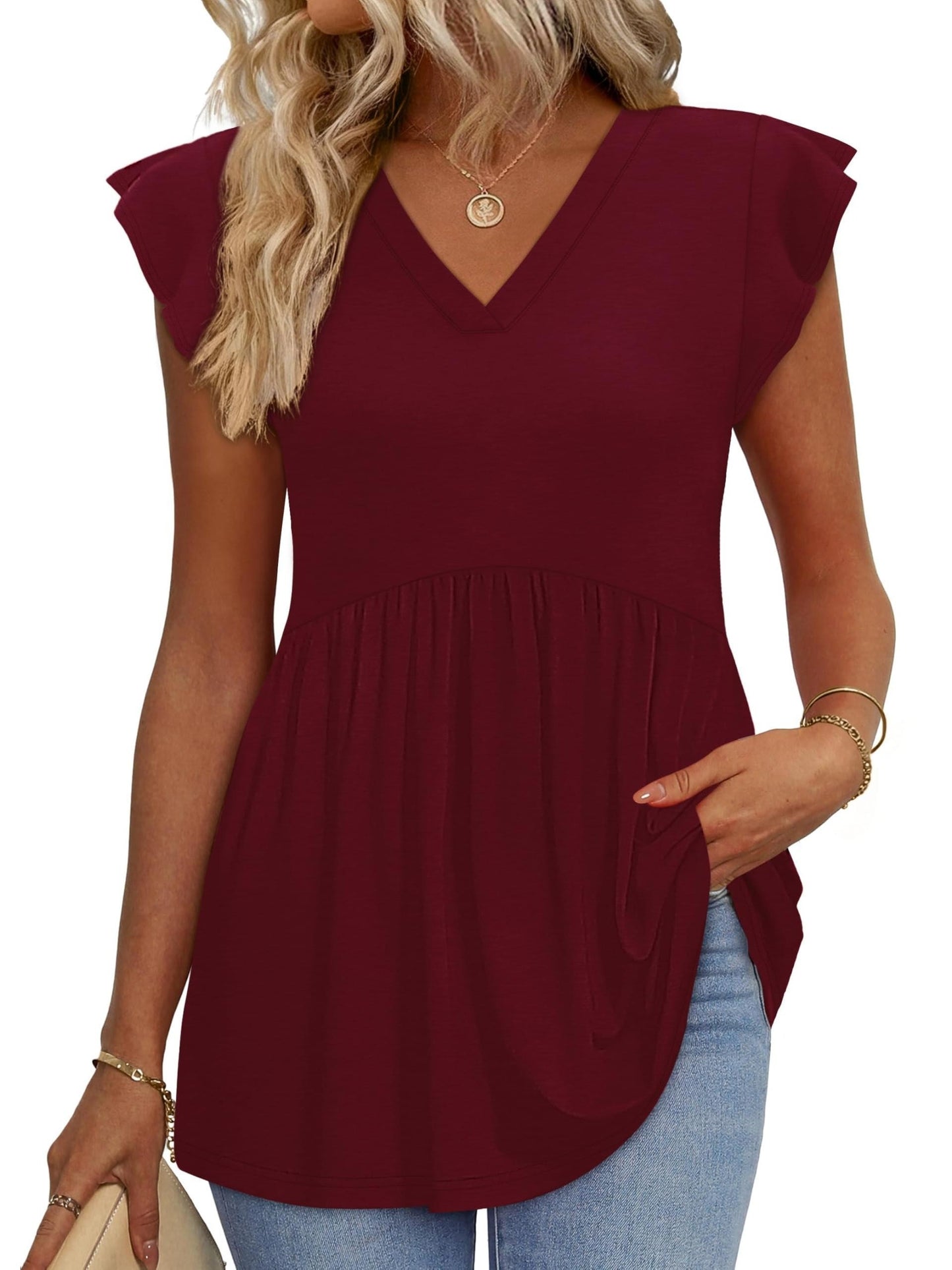 Casual Summer V-Neck Ruffle Sleeve Babydoll Shirt