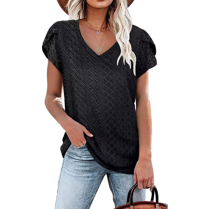 Solid color V-neck tile sleeve short-sleeved T-shirt