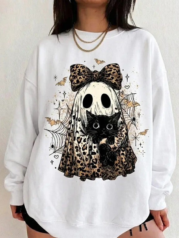 Vintage Halloween Leopard Bow Ghost Black‑Cat Sweatshirt