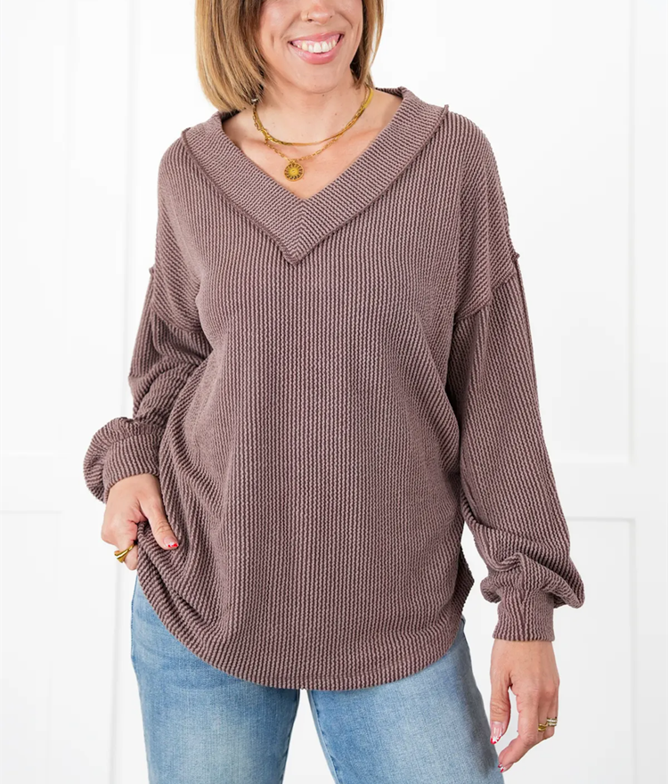 Women's Ribbed Long Sleeve V-Neck Pullover Tops
