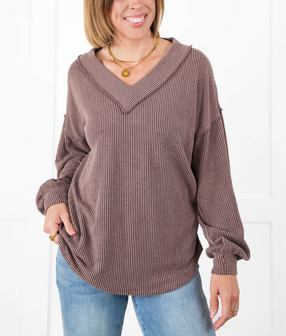 Women's Ribbed Long Sleeve V-Neck Pullover Tops