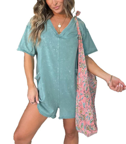 Women's Casual Mineral Washed Tee Romper with Pockets