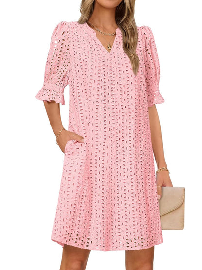 Flounce Sleeve Eyelet Tunic Dress for Women