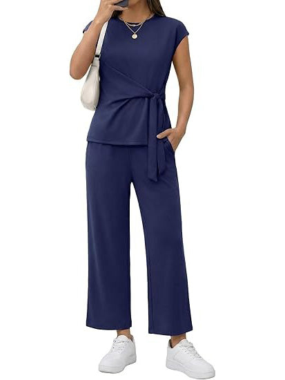 Women's Casual Cap Sleeve Wrap Waist Matching Set