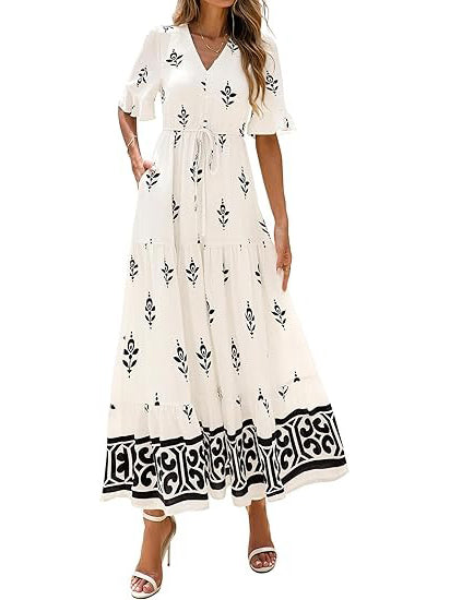 Women's Spring Casual Floral Print Tiered Maxi Dress