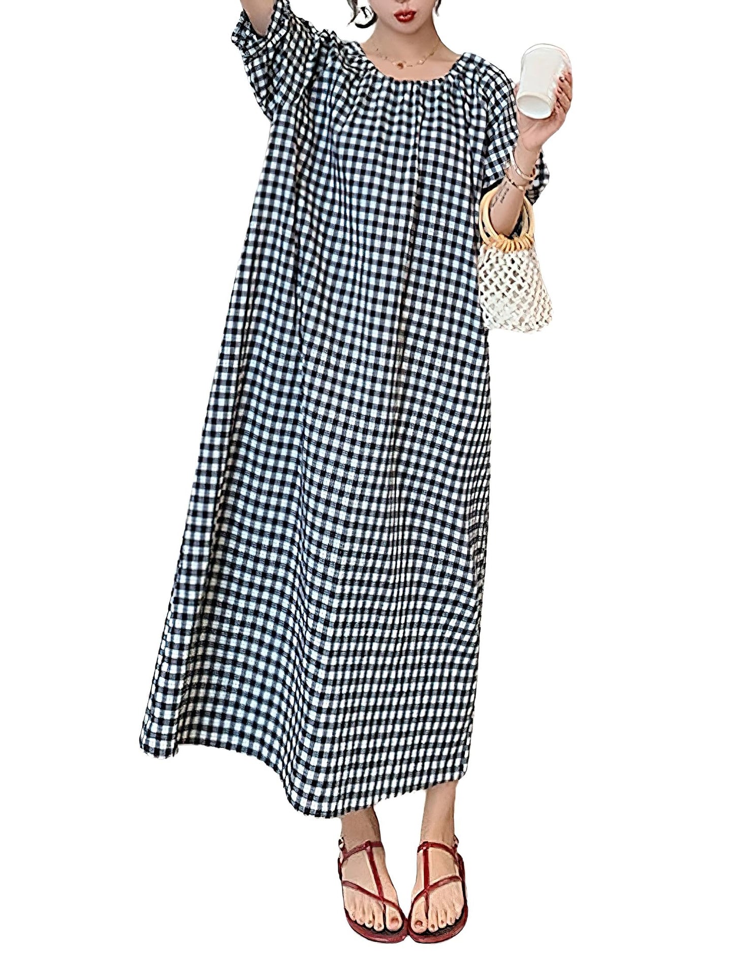 Women's Casual Gingham Puff Sleeve Maxi Dress