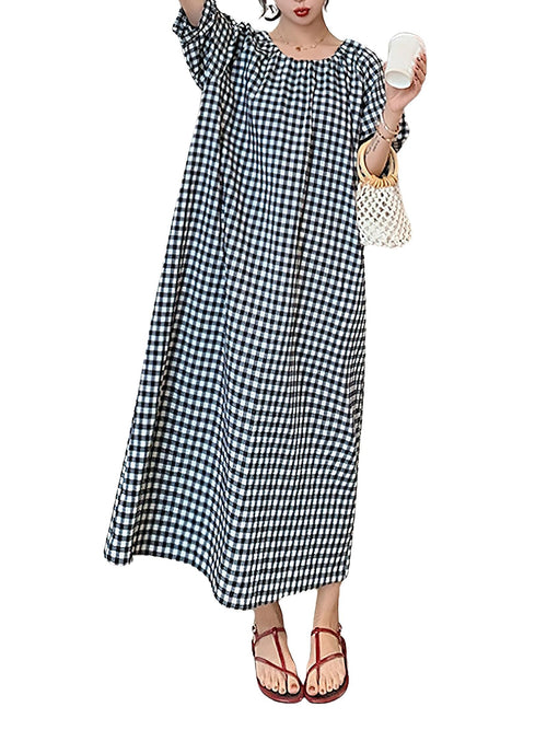 Women's Casual Gingham Puff Sleeve Maxi Dress