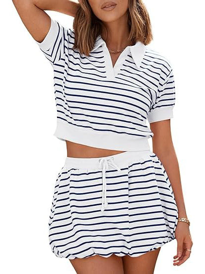 Women's Striped 2 Piece Outfits Skort Set