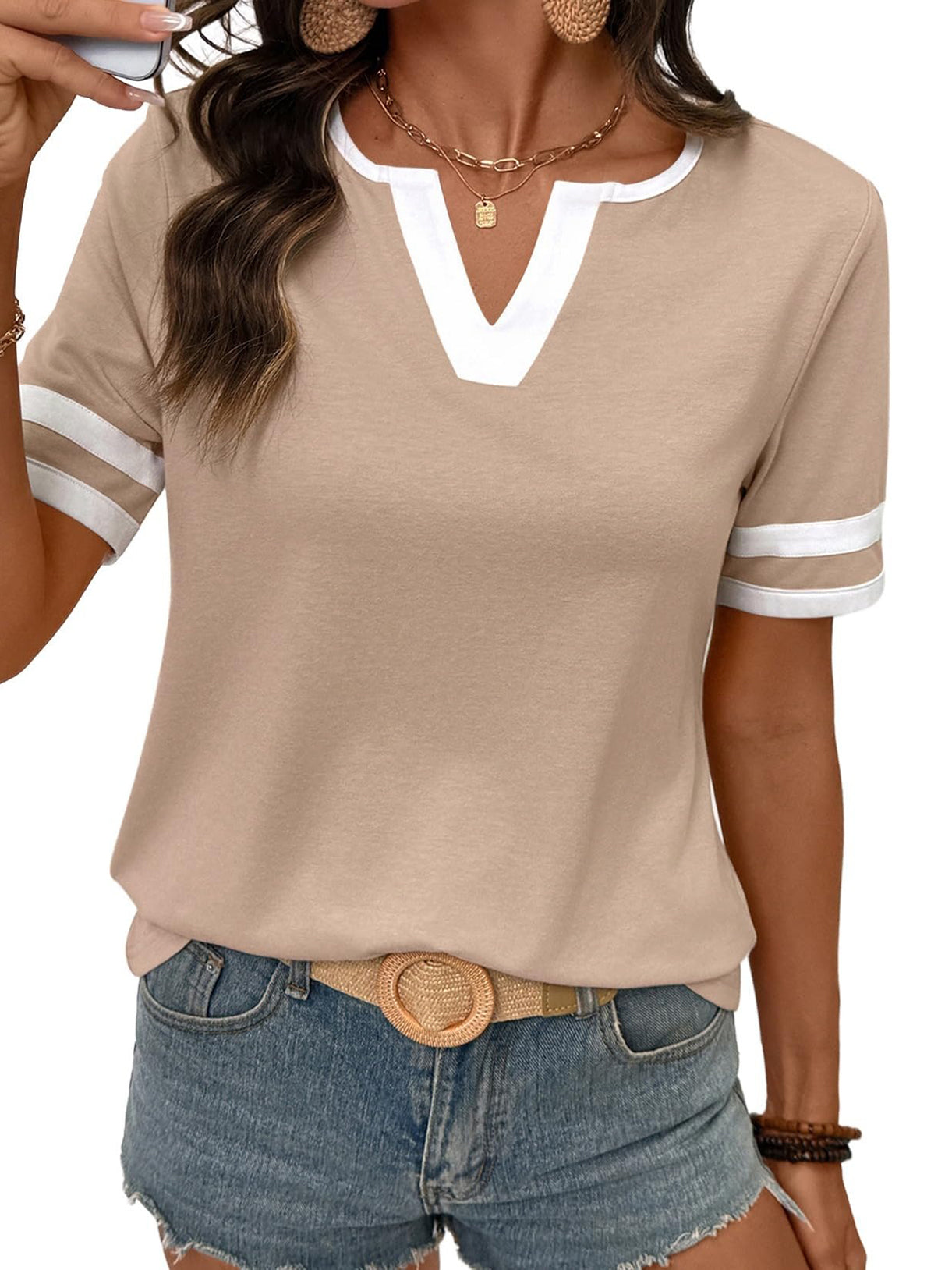 Women's 2026 Summer V-Neck Colorblock Top