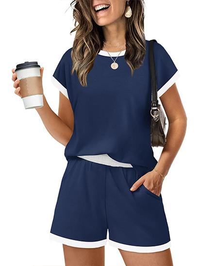 Women's Contrast Trim Crew Neck 2 Piece Short Set
