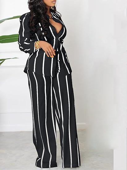 Women's Casual Striped Long Sleeve Two Piece Outfit