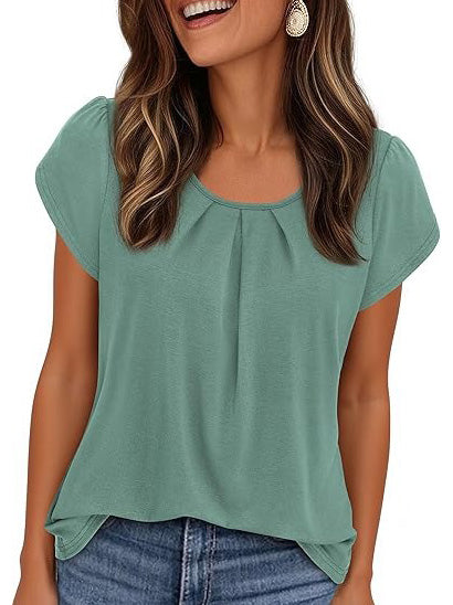 Summer Pleated Neck Short Sleeve Loose Casual Blouse