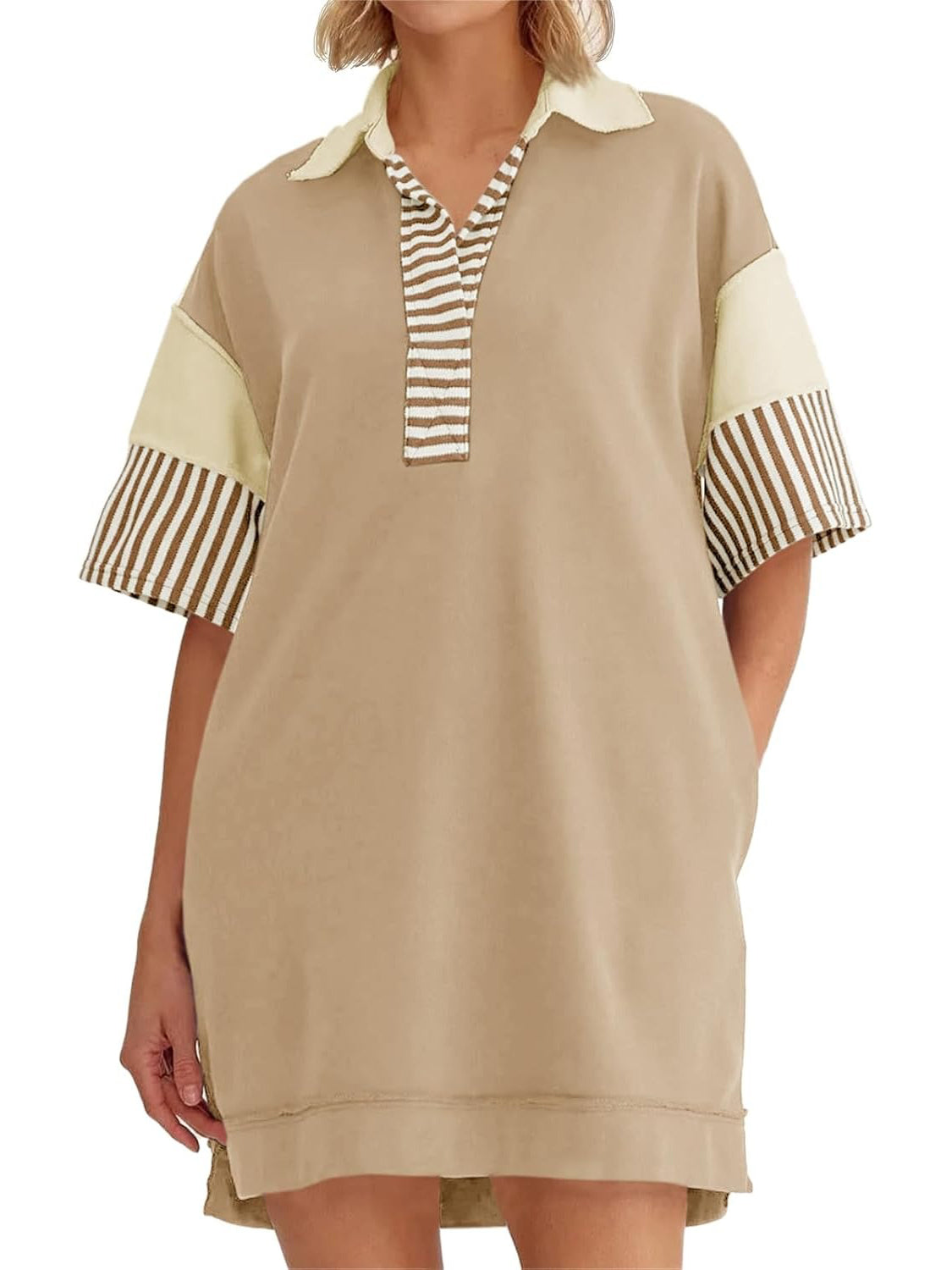 Women's Striped Colorblock Polo Collar Casual Dress