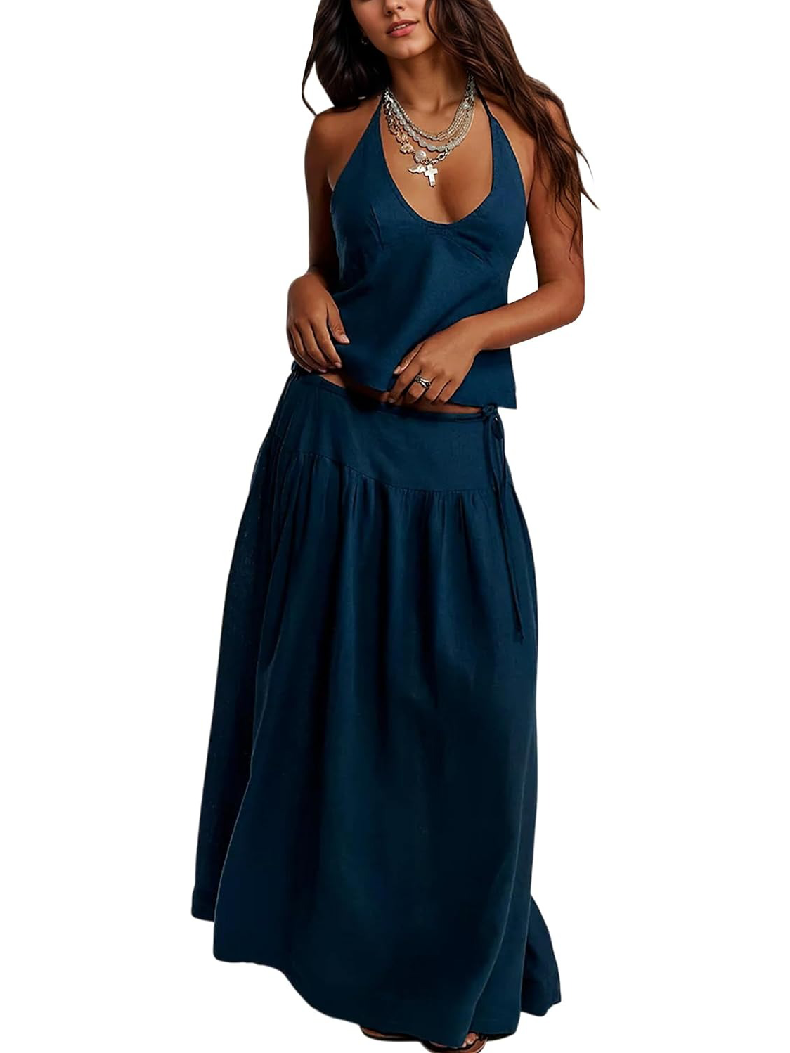 Women's Deep V‑Neck Halter Matching Skirt Set