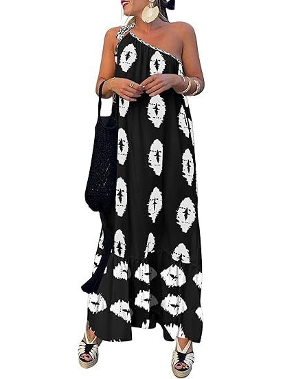 One-Shoulder Printed Flowy Boho Beach Vacation Maxi Dress