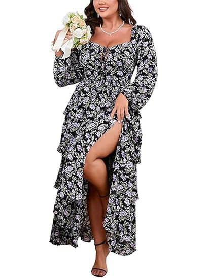 Women's Plus Size Off Shoulder Floral Ruffle Maxi Dress