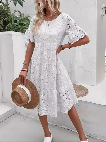 Eyelet Flutter Sleeve Tiered Midi Dress