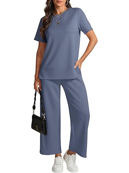 Women's Basic Short Sleeve Wide Leg Pant Set