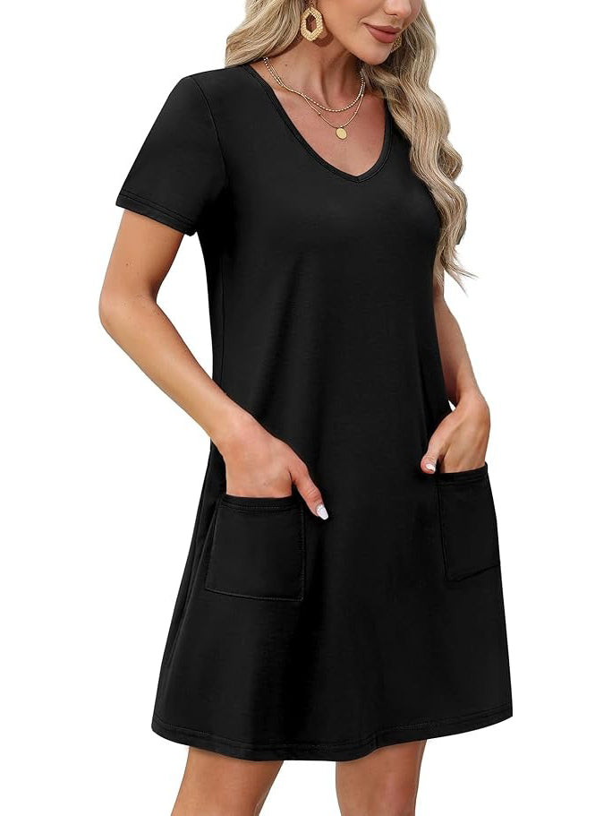 Women's Solid Color V Neck Dress with Two Pockets