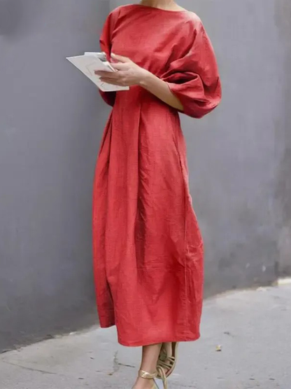 Women's Crew Neck Batwing Sleeve Pleated Midi Dress