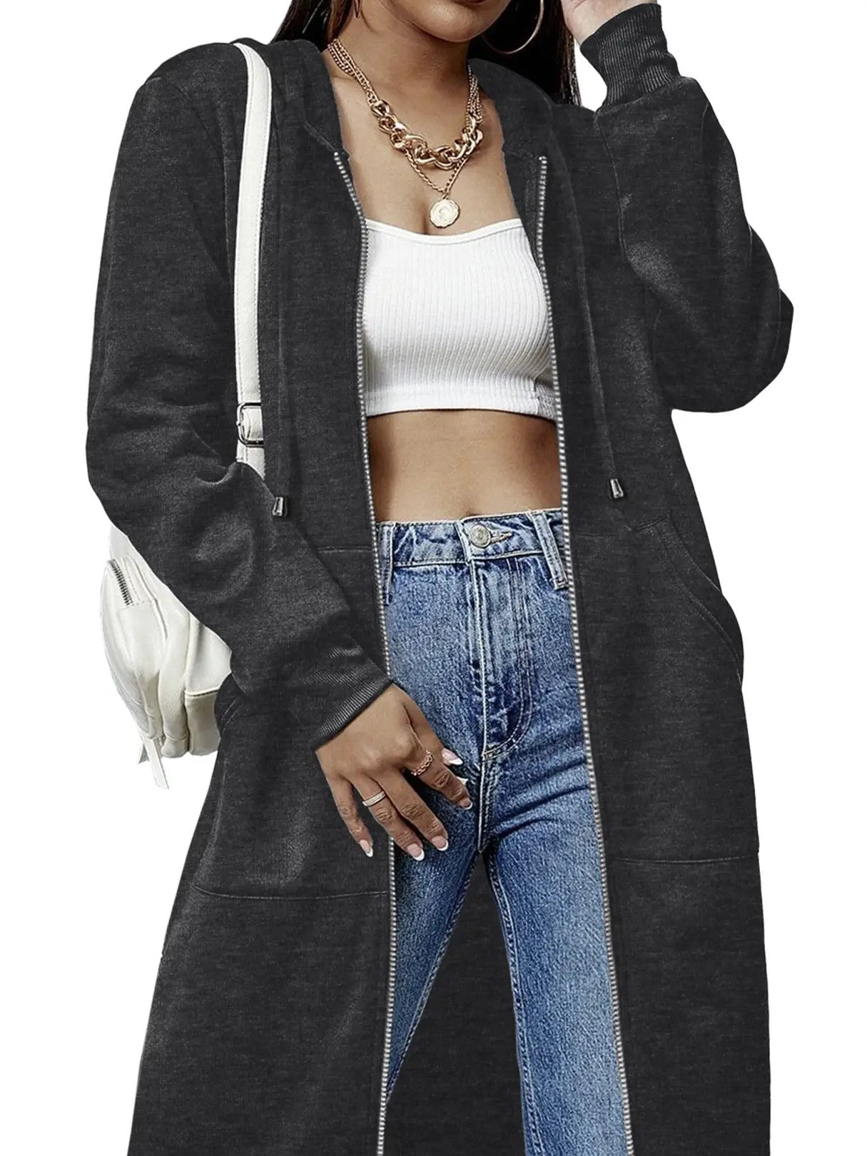 Women's Casual Long Hooded Zip Up Jacket