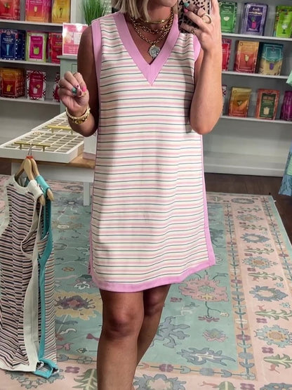 Women's Summer Holiday Contrast Edge Striped Dress