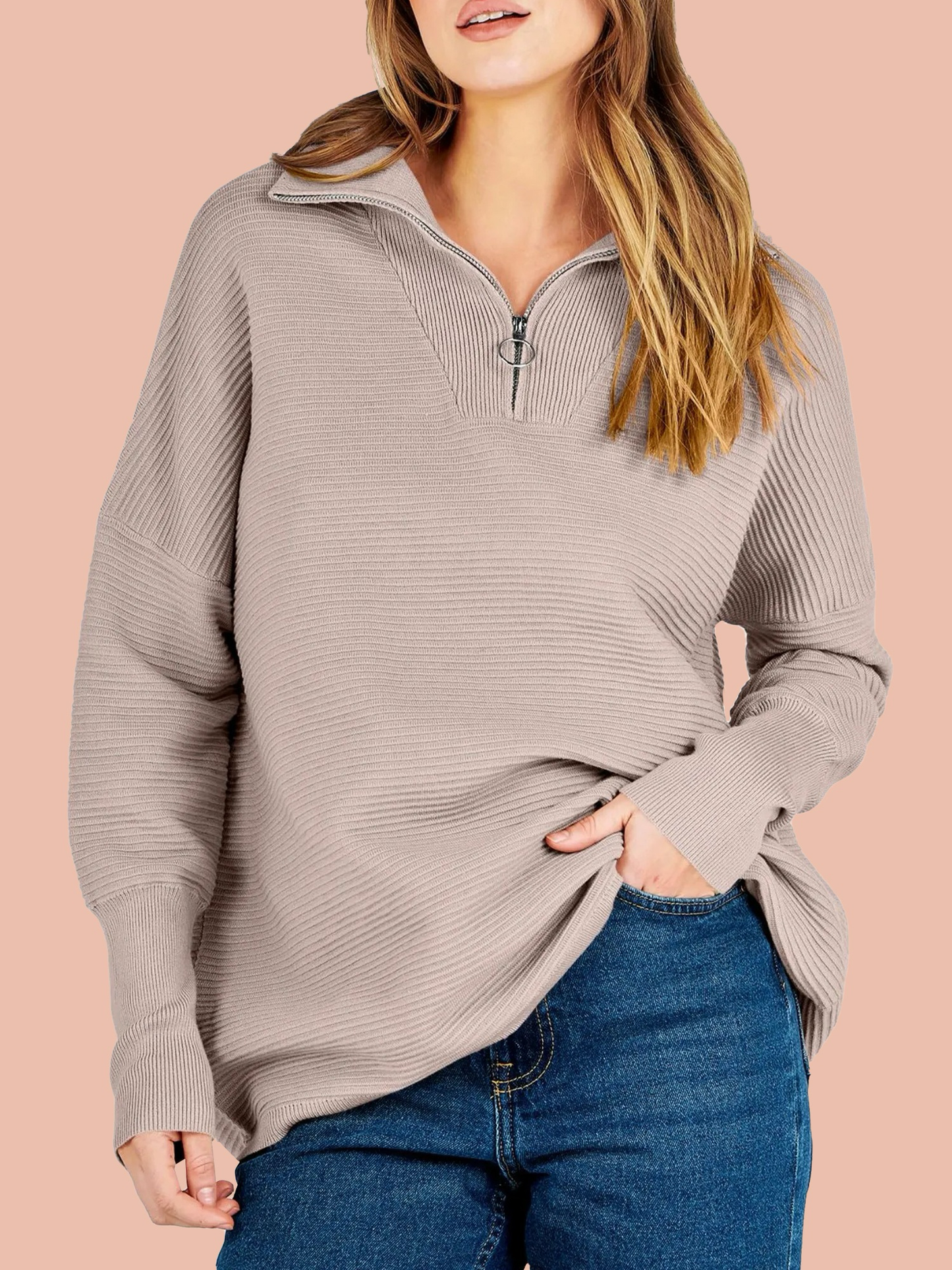 Women's Quarter Zip Rib Knit Cozy Pullover Sweaters