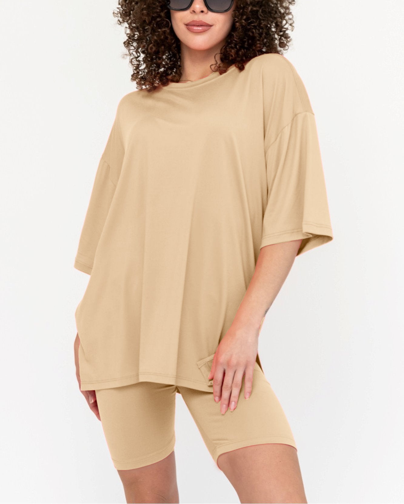Women's Oversized Solid Biker Short Set