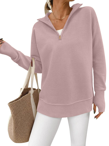 Women's Half Zip Oversized Ribbed Knit Pullover Sweater (Buy  2 Free Shipping )