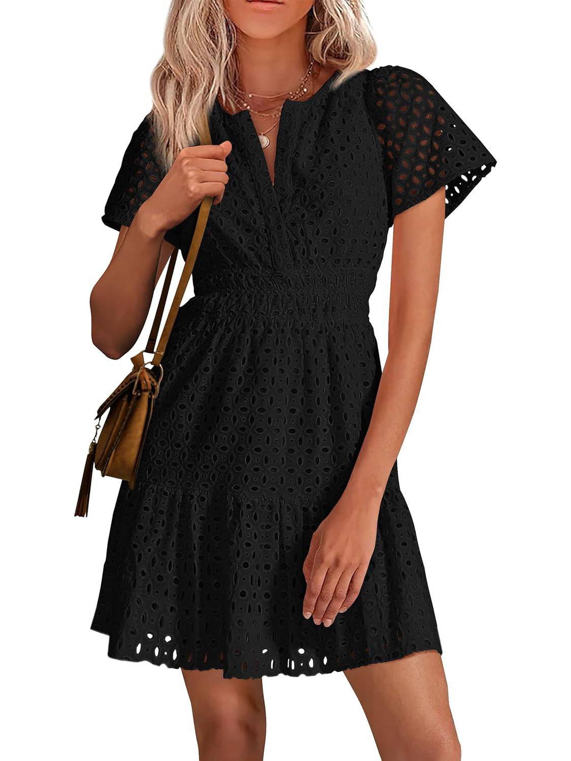Women's V Neck Short Sleeve A Line Hollow Out Lace Dress