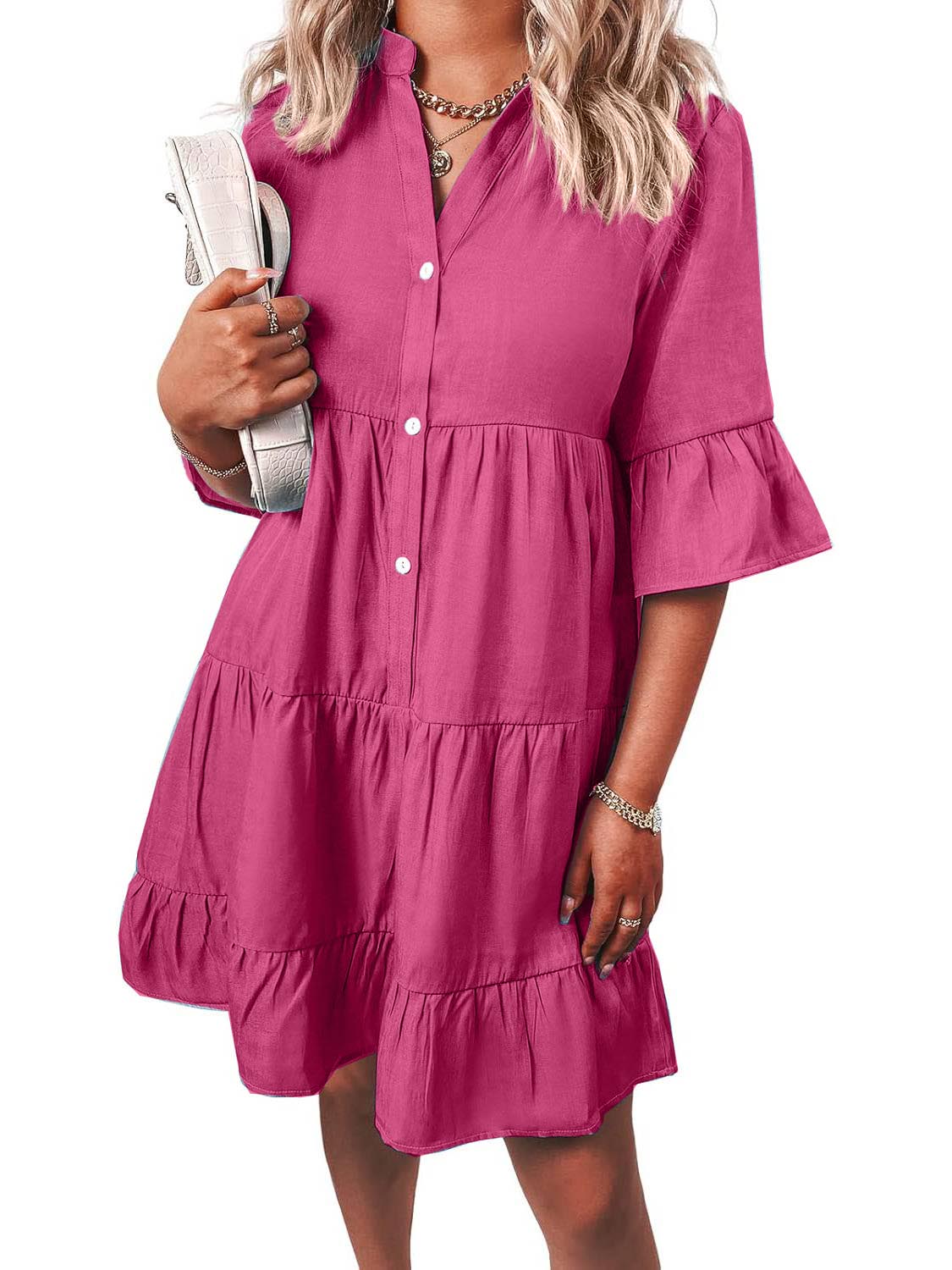 Women's Casual V Neck Ruffle Short Sleeve Summer Dress