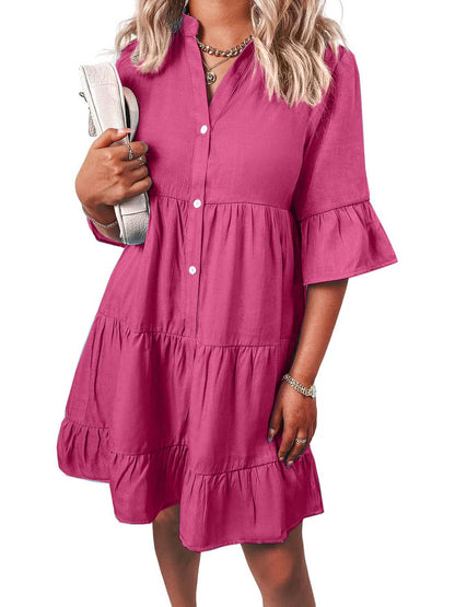 Women's Casual V Neck Ruffle Short Sleeve Summer Dress