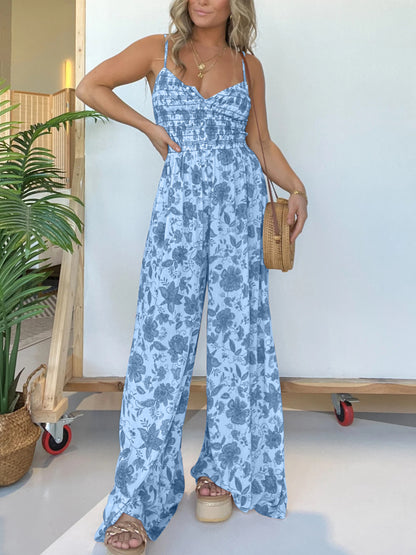 Floral Suspender Wide-leg Jumpsuit