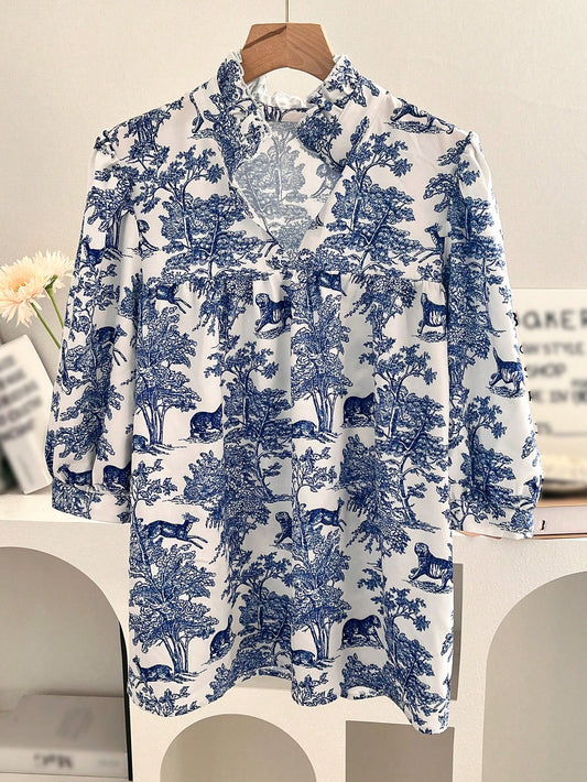Women's V-neck Ruffle Collar Printed Shirts