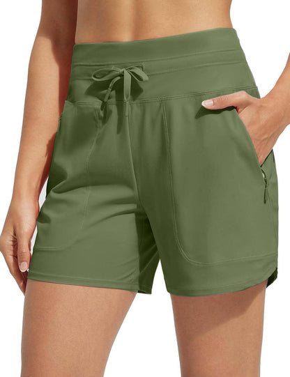 Women's 5 Inseam Drawstring High Waisted Quick Dry Swim Shorts
