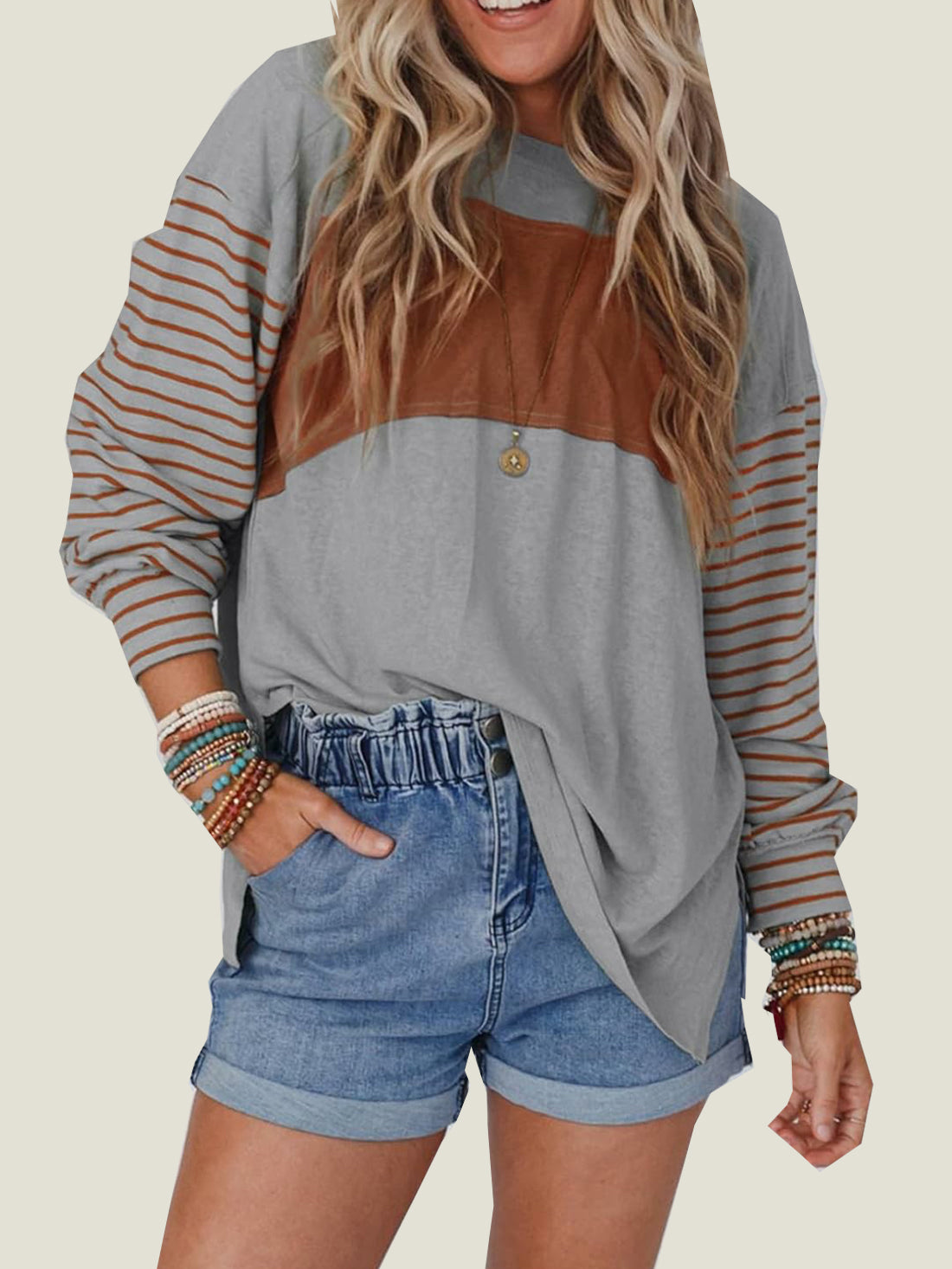 Women's Cute Color Block Long Sleeve Casual Top