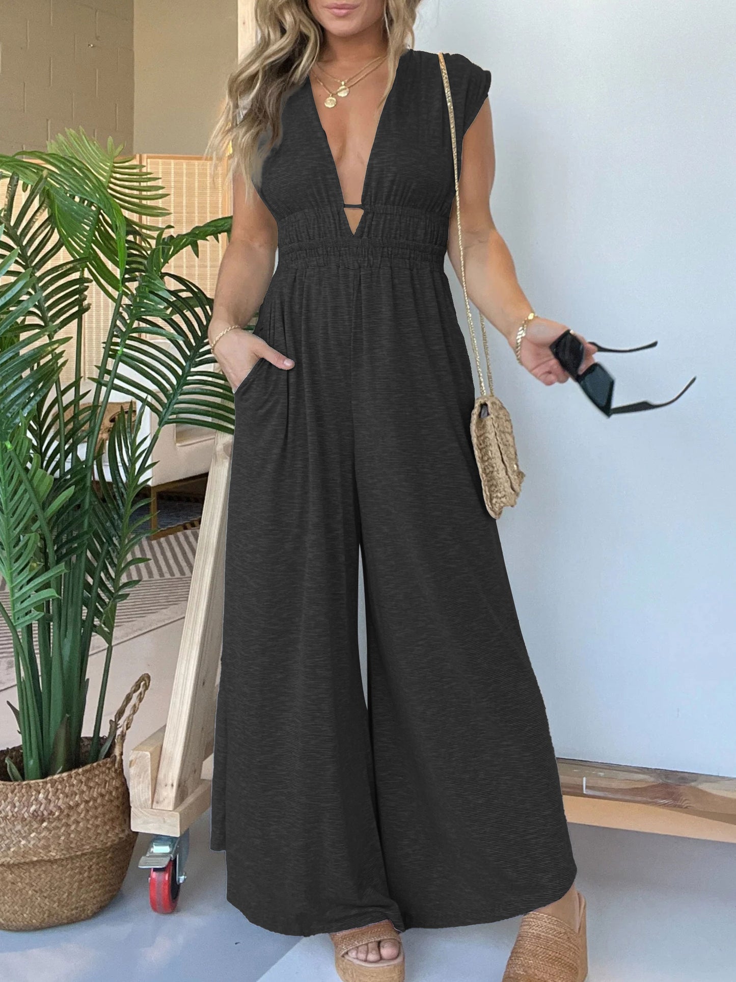 Deep V Sleeveless High Waist Jumpsuit