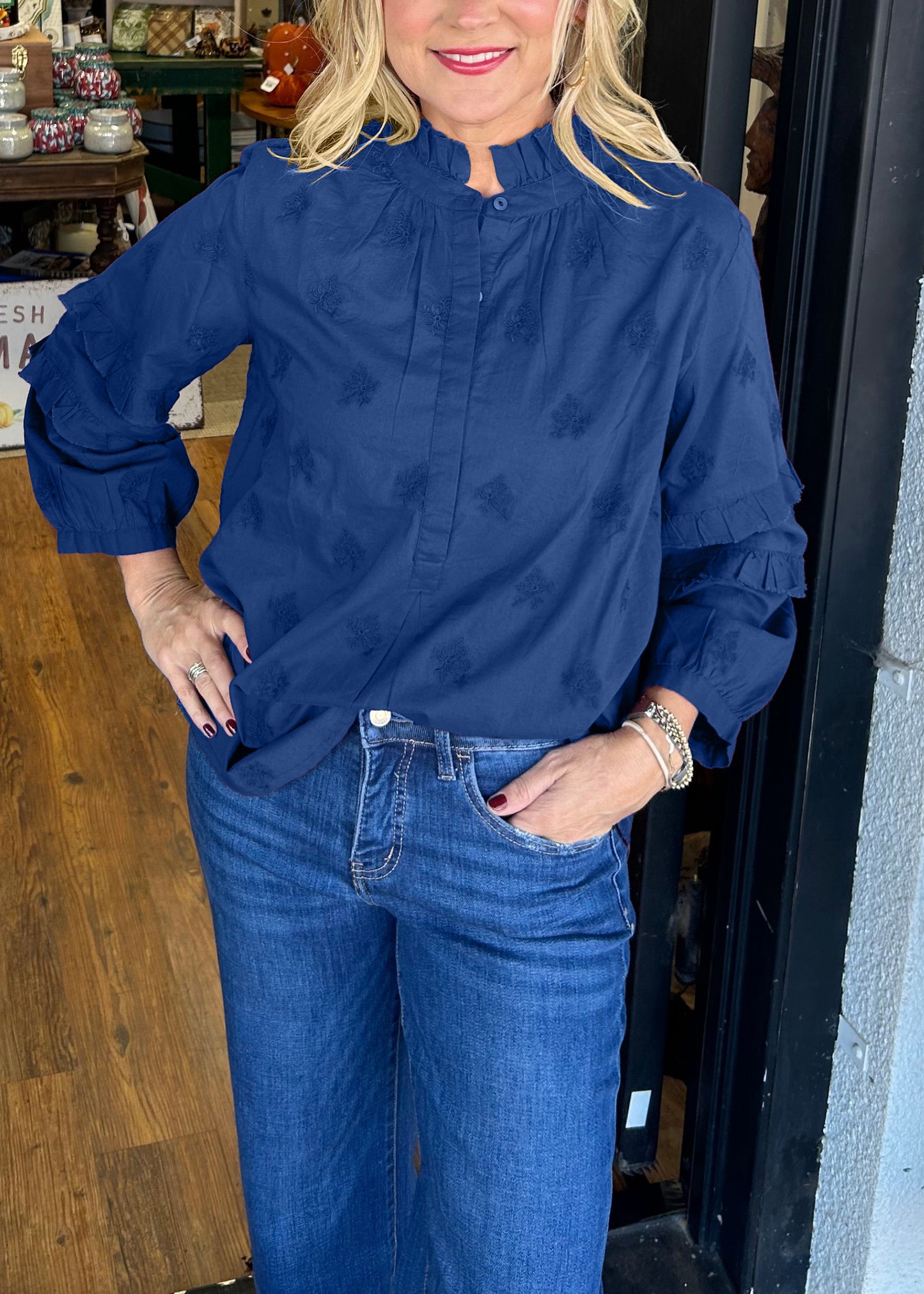 Women's Strawberry Print Ruffle Sleeve Shirt