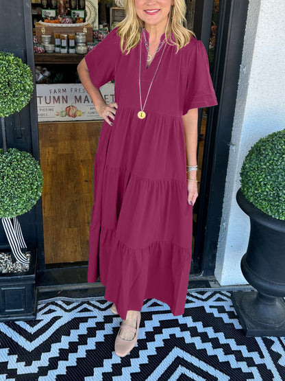 Women's V-Neck Tiered Midi Dress with Pockets