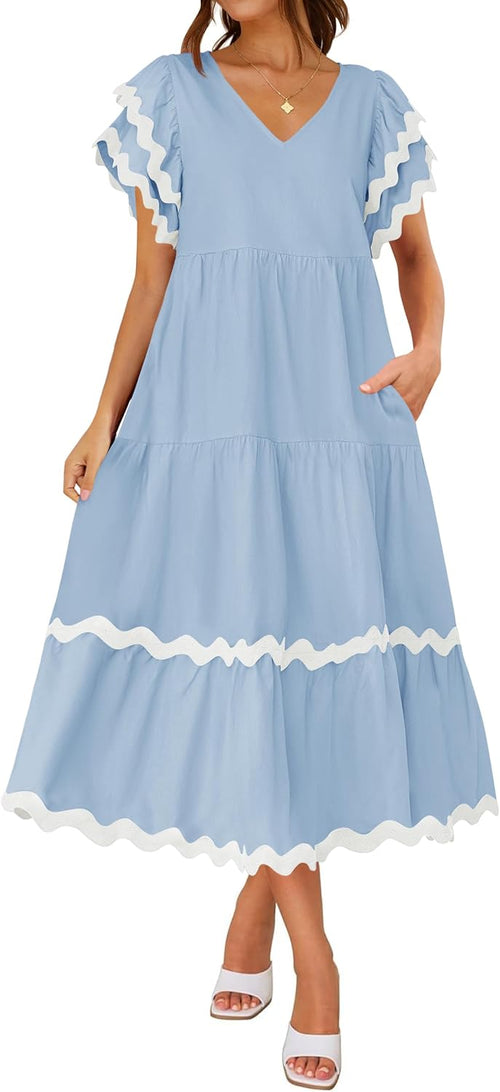 Women's V Neck Flutter Short Sleeve Tiered Long Dress