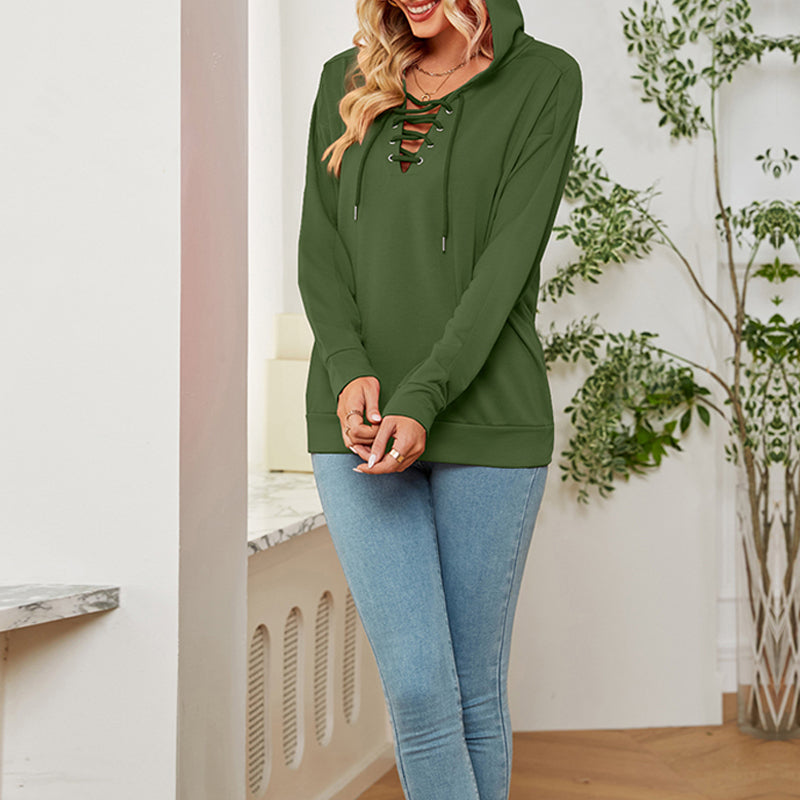 Solid Color Long Sleeve With Neckline Tie Hoodie