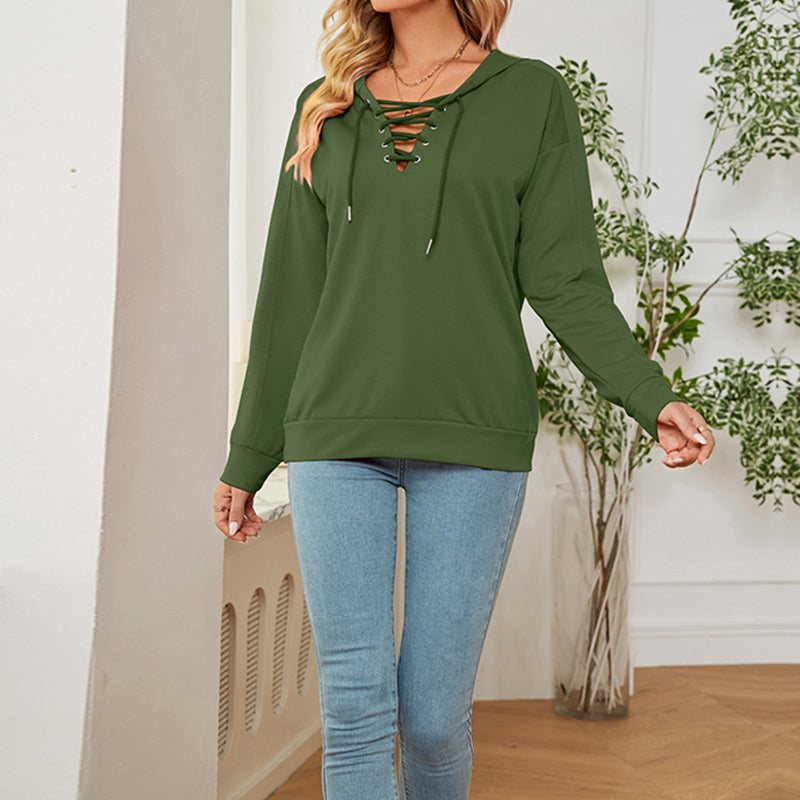 Solid Color Long Sleeve With Neckline Tie Hoodie