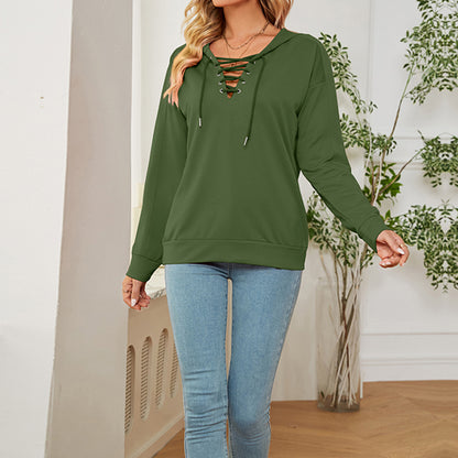 Solid Color Long Sleeve With Neckline Tie Hoodie