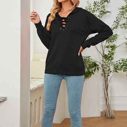 Solid Color Long Sleeve With Neckline Tie Hoodie