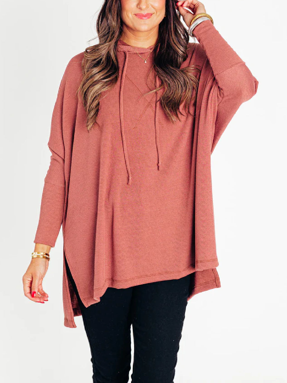 Women's Oversized Bat Sleeve Ribbed Hooded Pullover