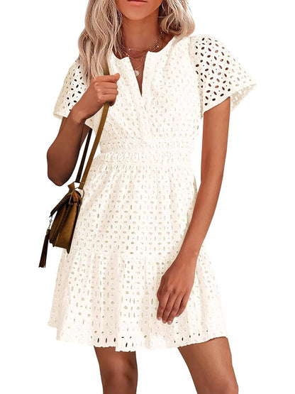 Women's V Neck Short Sleeve A Line Hollow Out Lace Dress