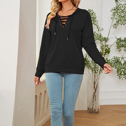 Solid Color Long Sleeve With Neckline Tie Hoodie